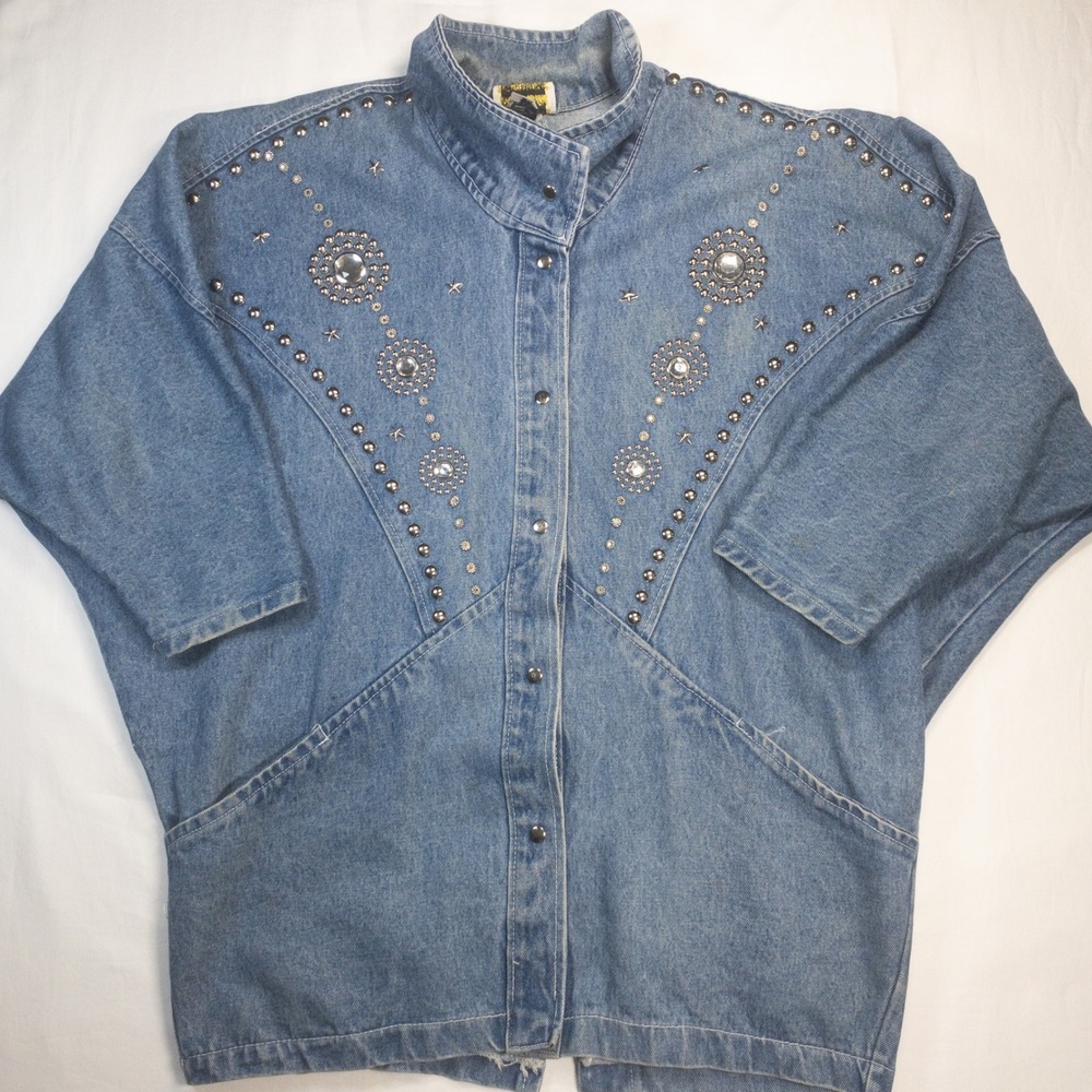 Vintage Michelle Denim Jacket Womens 9 Blue Studded Rhinestone Western Oversized